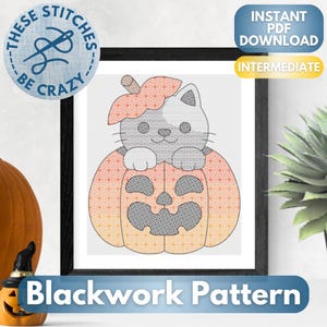 Cat With A Pumpkin Hat - Blackwork-patroon van deze steken Be Crazy