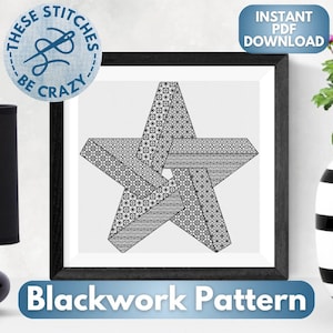 Impossible Star - Blackwork Pattern (PDF Download) optical illusion geometric chart cross stitch embroidery gift by These Stitches Be Crazy