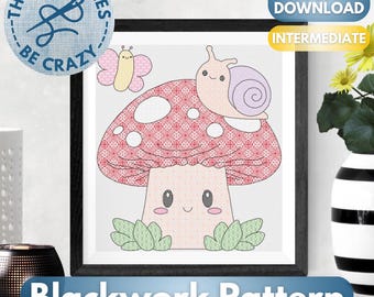 Kawaii Mushroom - Blackwork Pattern by These Stitches Be Crazy
