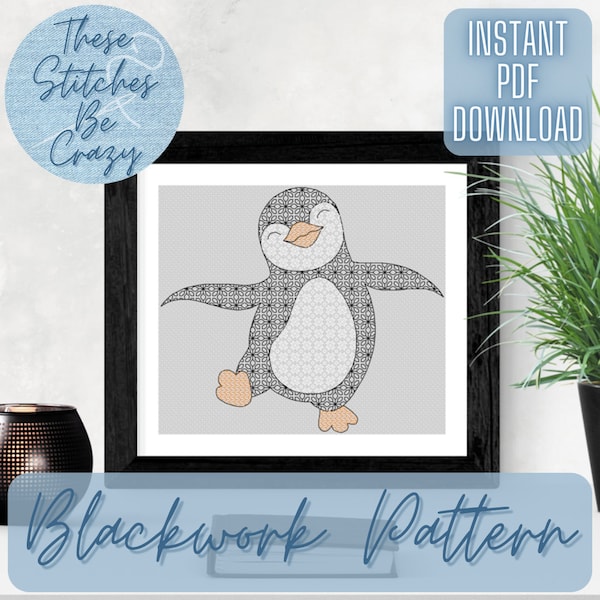 Happy Penguin - Blackwork Pattern (PDF Download) cute animal winter chart craft cross stitch embroidery gift by These Stitches Be Crazy