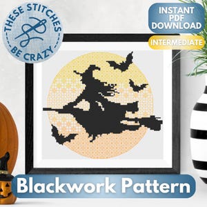 Flying Witch - Blackwork & Cross Stitch Pattern by These Stitches Be Crazy