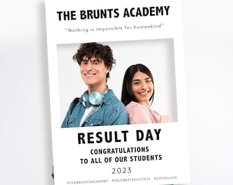 Könnte beinhalten: Ein weißes Schild mit schwarzem Text, der "The Brunts Academy" und "Nichts ist unmöglich für die Menschheit" lautet. Unter dem Text befindet sich ein Fotorahmen mit zwei Schülern, die das Schild halten. Der Text unter dem Fotorahmen lautet "Result Day", "Herzlichen Glückwunsch an alle unsere Schüler", "2023" und die Hashtags "#TheBruntsAcademy", "#Celebratesuccess" und "#Goodluck".