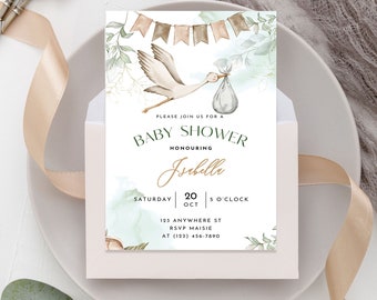 Vintage Floral Baby Shower Invitation, Stork Baby Shower Invite Template, Baby Shower Boy, Baby Shower Girl, Instant DIGITAL DOWNLOAD