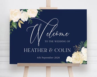 Navy Wedding Welcome Sign, Navy & White Floral Wedding Sign, Welcome to our Wedding Sign, Wedding Decorations, Elegant Navy Wedding Decor