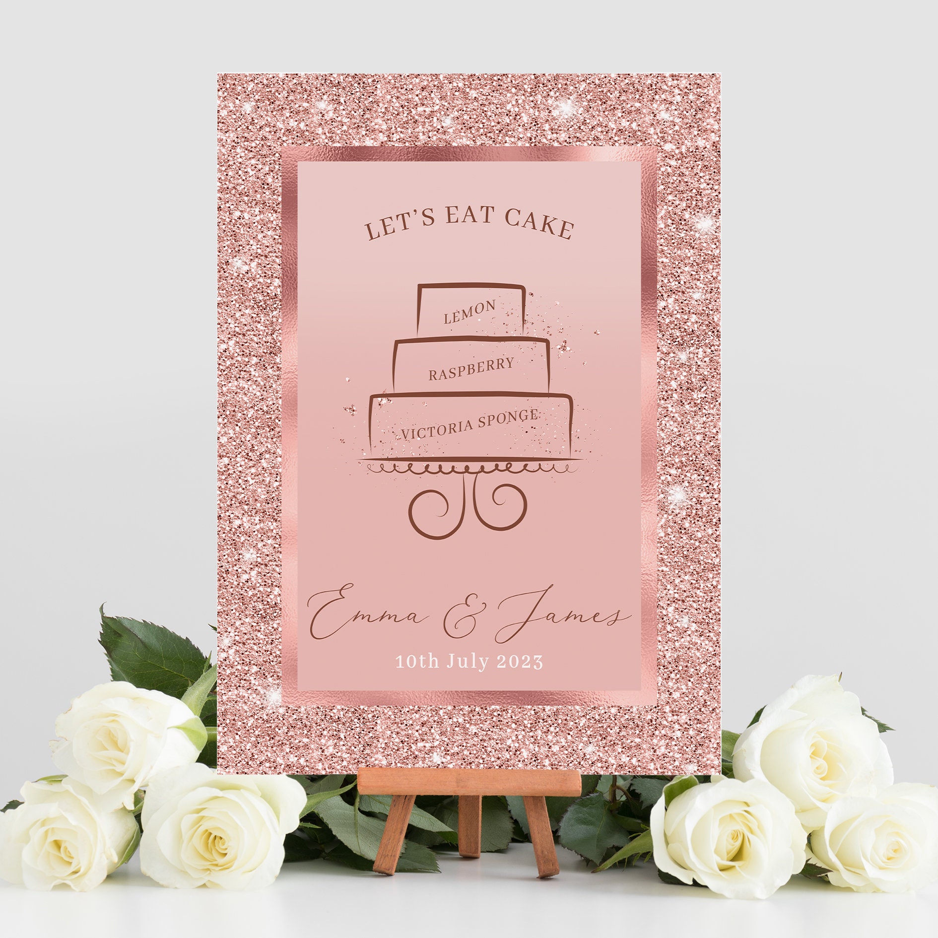Rose Gold Wedding Cake Table Sign, Wedding Cake Flavour Sign, Let’s Eat ...