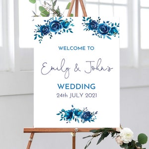Royal Blue Wedding Welcome Sign, Blue Welcome to our Wedding Sign, Digital, Printed, Wedding Decorations, Blue Floral Wedding