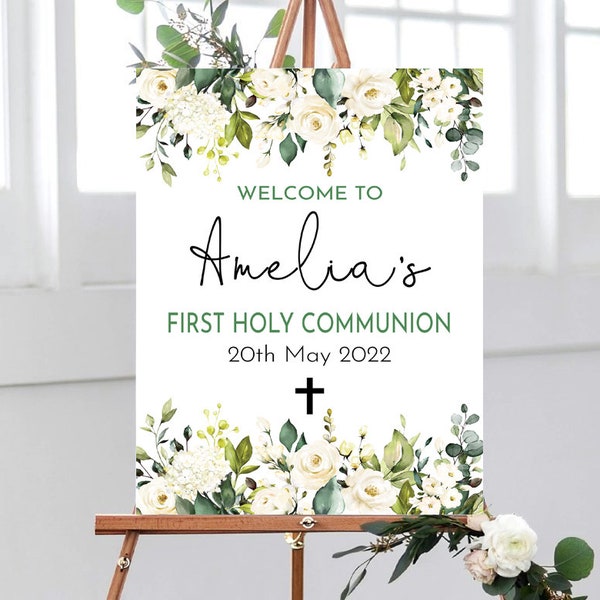 WHITE ROSE First Holy Communion Welcome Sign, 1st Communion Party Sign, Eucalyptus Welcome Sign, Party Decorations for First Holy Communion