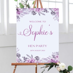Lilac Hen Party Welcome Sign, Bridal Shower Floral Welcome Sign, Bridal Shower Decorations, Purple Bridal Shower Sign