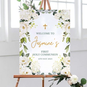 White Roses 1st Holy Communion Welcome Sign, First Holy Communion Party Sign, Holy Communion White Roses Decorations, Holy Communion Decor