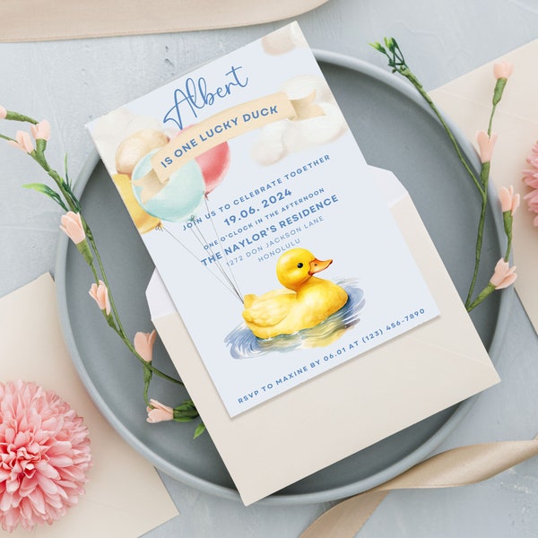 Ente erste Geburtstagsfeier-Einladungsvorlage, eine glückliche Enten-Geburtstag einladen, Gummiente bearbeitbare Einladung, sofortiger DIGITALER DOWNLOAD