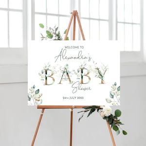 Eucalyptus Baby Shower Sign, Welcome to Baby Shower Sign, Personalised Baby Shower Decorations, Gold and Greenery Baby Shower Welcome Sign