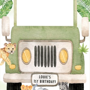 May include: A green safari jeep with a white front grille and yellow headlights. The jeep has a number plate that reads "Louie's 1st Birthday!" There are four animals in front of the jeep: a leopard, a lion cub, an elephant, and a zebra.
