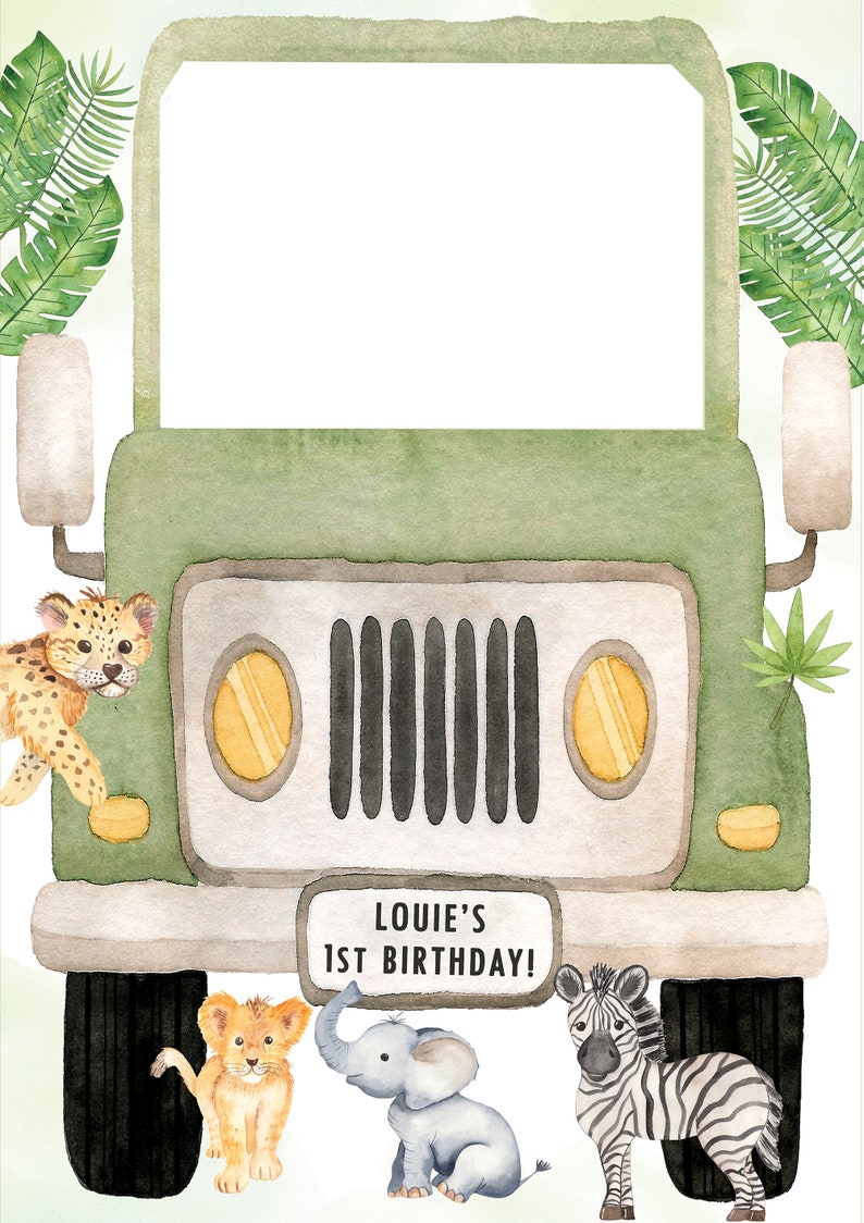 May include: A green safari jeep with a white front grille and yellow headlights. The jeep has a number plate that reads "Louie's 1st Birthday!" There are four animals in front of the jeep: a leopard, a lion cub, an elephant, and a zebra.