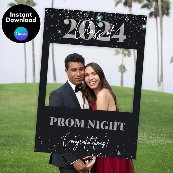 Prom Party Black Silver Selfie Frame & Party Sign, Prom Night Photobooth Frame, Prom Party Sign + Decorations, Instant Download Template