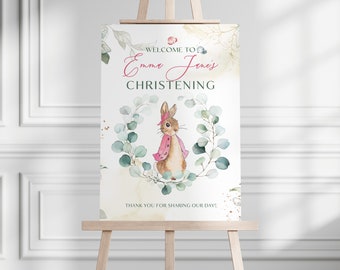 Flopsy Bunny Rabbit Christening Sign, Pink Christening Welcome Sign, Girls Christening Decor, Baptism Welcome Sign, Girls Pink Christening