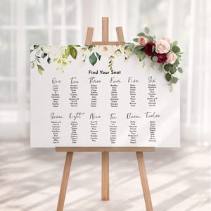 White Rose Wedding Seating Plan Sign, Floral Table Plan (Foamboard)