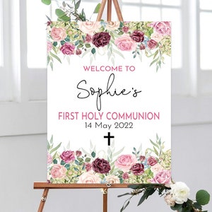 BLUSH ROSE First Holy Communion Welcome Sign, 1st Communion Party Sign, Pink Welcome Sign, Party Decorations for Girl's First Holy Communion