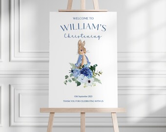 Christening Welcome Sign, Blue Bunny Rabbit Christening Sign, Boy's Christening Decor, Boy's Baptism Welcome Sign, Boys Christening Party