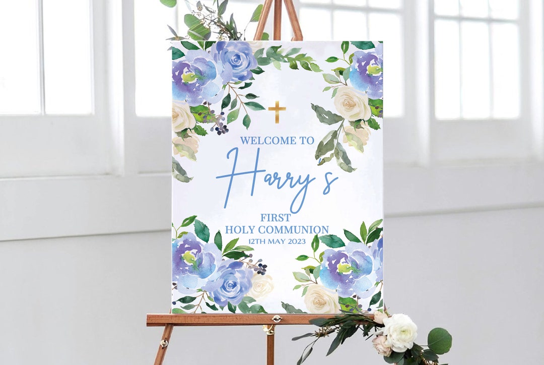 Blue 1st Holy Communion Welcome Sign, First Holy Communion Party Sign ...