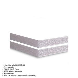 May include: Close-up of two white foam boards, showing the textured surface and edges. The boards are 0.55 inches thick and are described as high density, eco-friendly, CFC & ACID free, 100% virgin material, recyclable, and anti-UV treated to prevent yellowing.