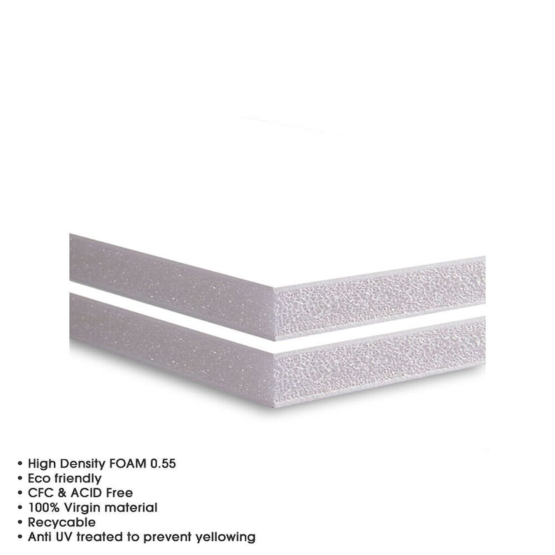 May include: Close-up of two white foam boards, showing the textured surface and edges. The boards are 0.55 inches thick and are described as high density, eco-friendly, CFC & ACID free, 100% virgin material, recyclable, and anti-UV treated to prevent yellowing.