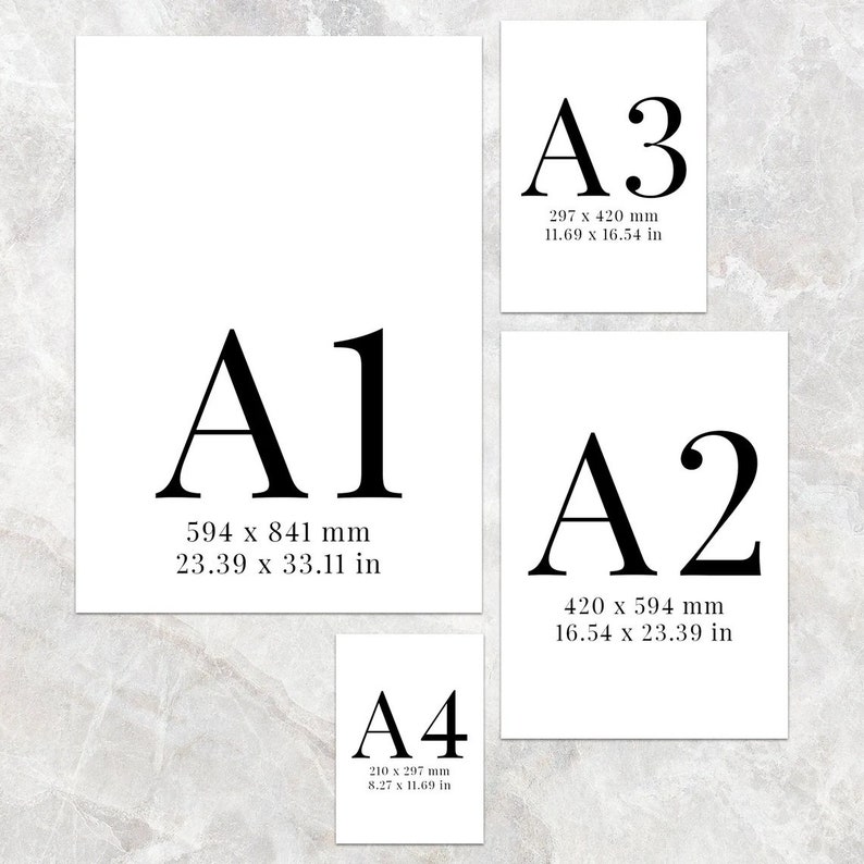 May include: A chart showing the different sizes of paper in the A series, with the dimensions in millimeters and inches. The sizes are A1, A2, A3, and A4.