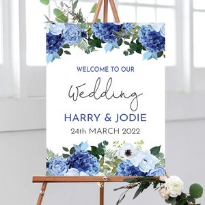 NAVY WHITE Wedding Welcome Sign, Navy and White Floral Wedding Sign, Welcome to our Wedding Sign, Wedding Decorations, Navy Wedding Decor