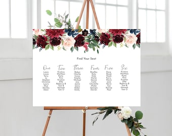 BURGUNDY NAVY Wedding Seating Plan Sign, Red Roses Wedding Table Plan, Printed, Wedding Decorations, Red Floral Wedding seating plan