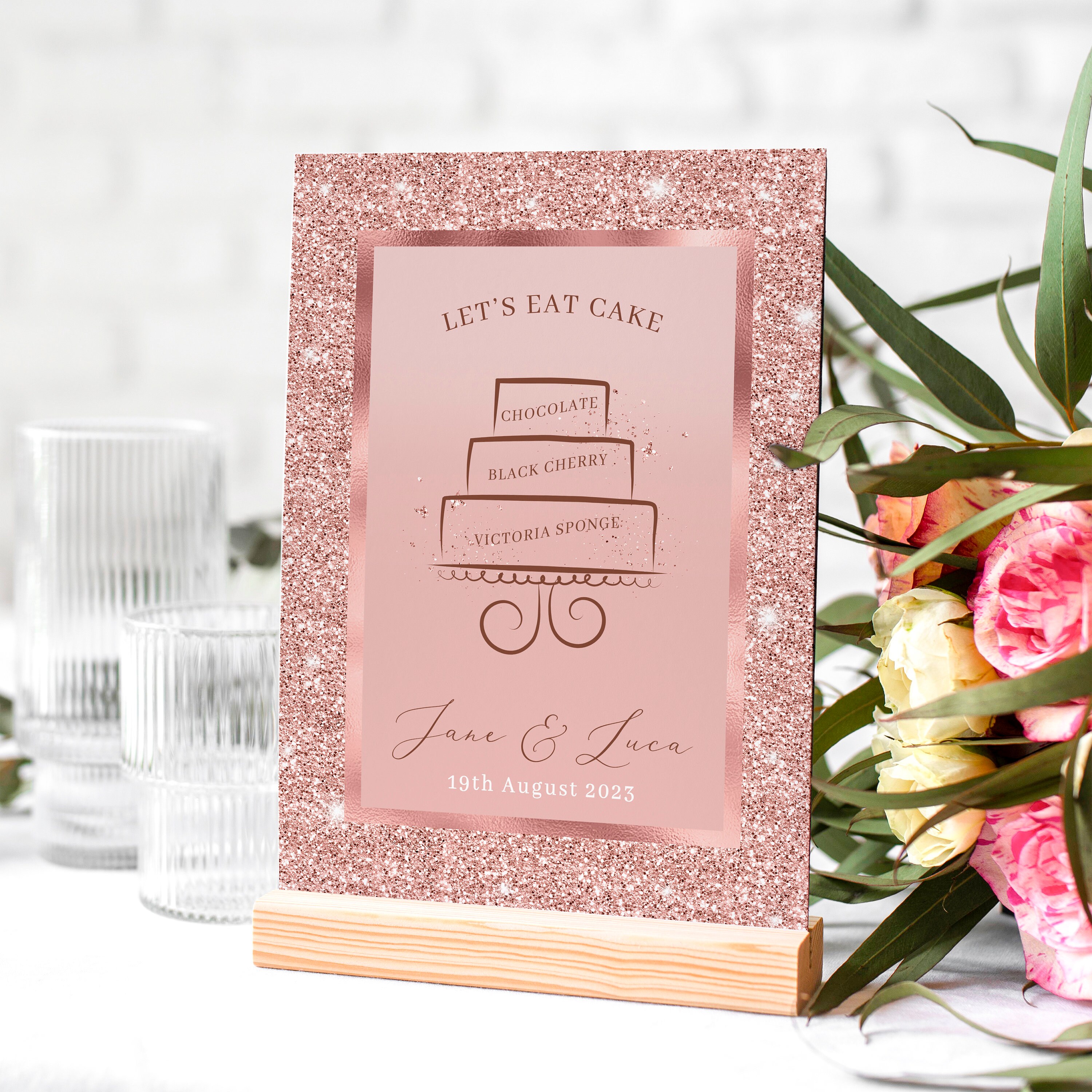 Rose Gold Wedding Cake Table Sign, Wedding Cake Flavour Sign, Let’s Eat ...