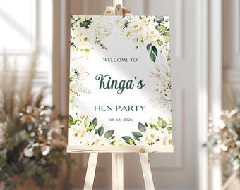 White Rose Hen Party Welcome Sign, Hen Do Welcome Sign, Bridal Shower Decorations, Greenery Bridal Shower, Classic Hen Party Sign