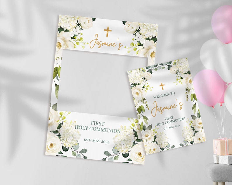 White Roses 1st Holy Communion Photobooth Frame & Welcome Sign, Holy ...