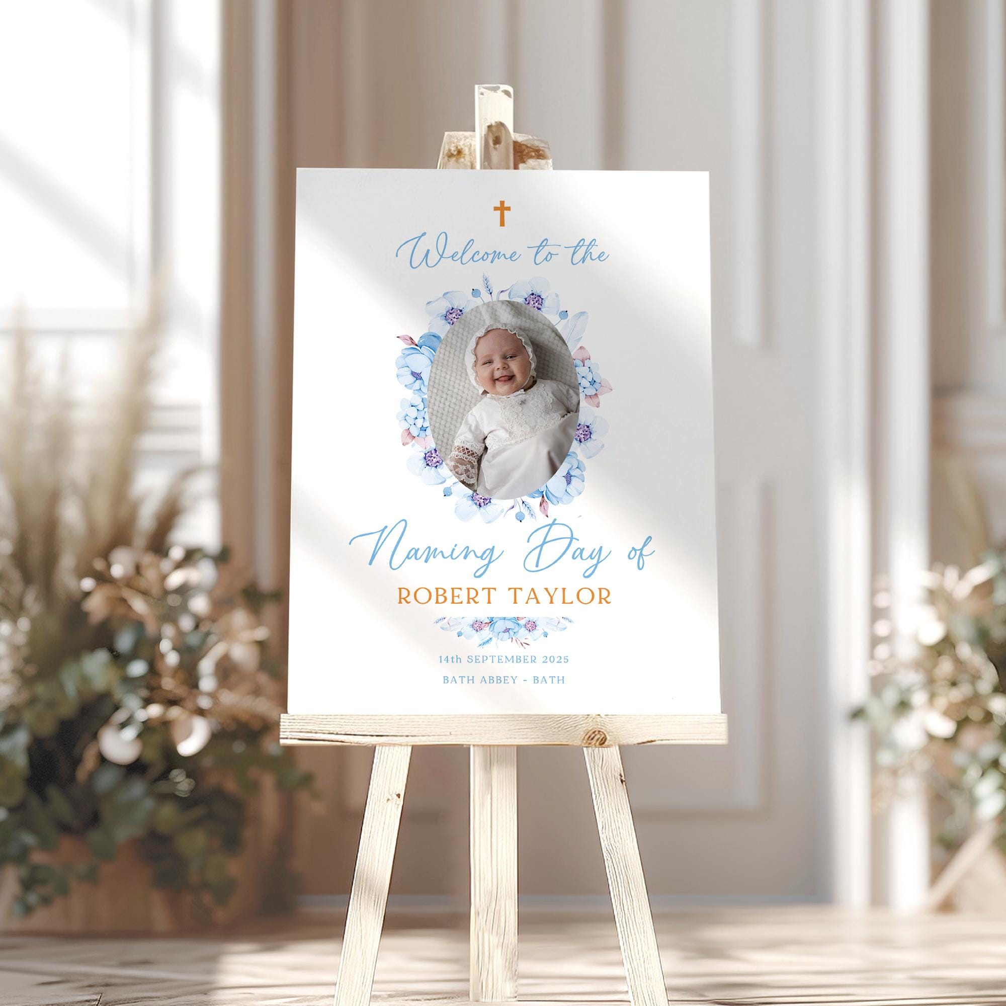 Blue Christening Welcome Sign With Photo Baptism Sign Son Baptism