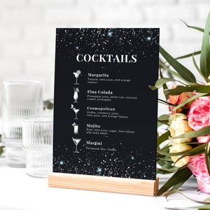 Modèle de carte de cocktails, carte de boissons modifiable moderne, menu de bar à cocktails imprimable minimaliste noir et argent, signe de boissons signature