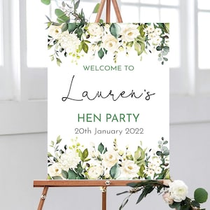 WHITE ROSE Hen Party Welcome Sign, White Roses Welcome Sign, Bridal Shower Decorations, Greenery Bridal Shower, White Floral Bridal Shower