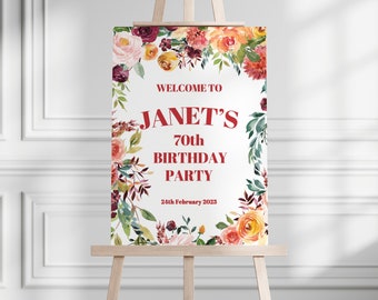 70th Birthday Party Welcome Sign, Blue Floral 70th Birthday Party Sign, 60th Birthday Welcome Sign, ANY AGE