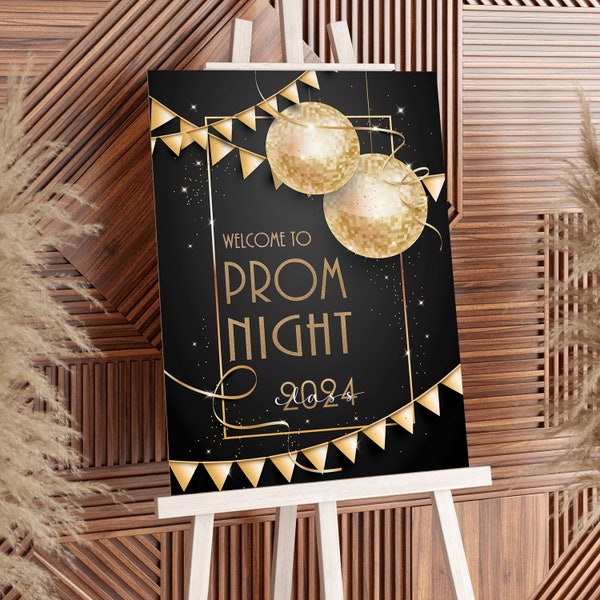 Black and Gold Prom Party Sign, Welcome to Prom Night Disco Party Sign, Graduation Welcome Sign, Text All Editable, Instant DIGITAL DOWNLOAD