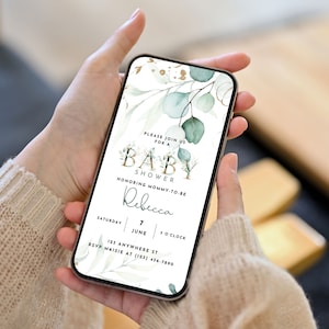 Eucalyptus Baby Shower Phone Invitation, Electronic Greenery Editable Baby Shower Invitation, Canva Baby Shower Evite Template