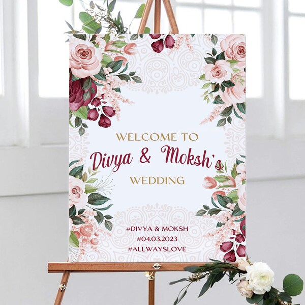 Indian Wedding Welcome Sign, Red Wedding Welcome Sign, Nikka Celebration Welcome Sign, Islamic Wedding Welcome Sign, Burgundy Wedding Sign