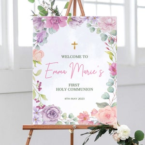 Pink Floral 1st Holy Communion Welcome Sign, Pastel Pink First Holy Communion Party Sign, Girls 1st Holy Communion Decorations