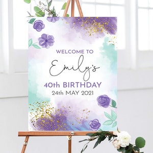 Birthday Party Decorations, Birthday Sign Printable, Birthday Welcome Sign Party, 30th Birthday Party, Purple, Teal, Gold Birthday Sign