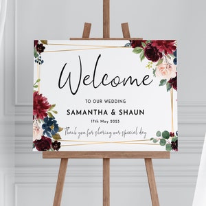 Red Floral Wedding, Wedding Decorations, Wedding Welcome Sign, Burgundy Navy Wedding Welcome Sign, Welcome to our Wedding Sign