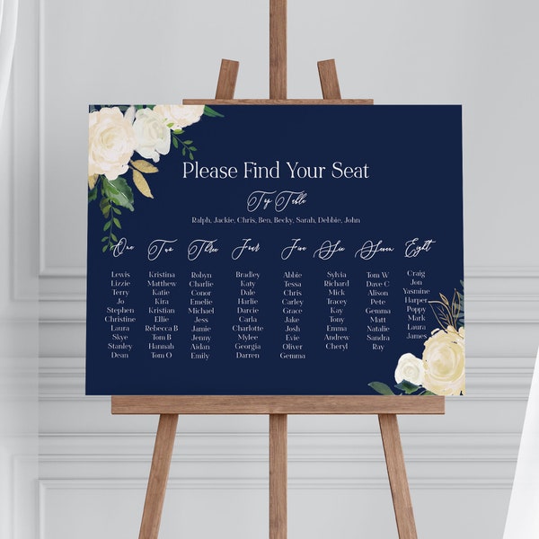 Navy and White Floral Wedding Table Plan, Navy Seating Plan, Simple Navy Wedding Table Plan, Navy Find Your Seat Sign, Navy & White Wedding