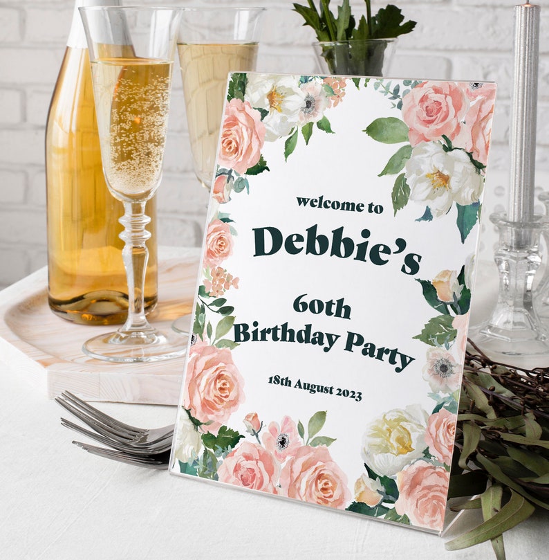 60th Sign Blush Floral 60th Birthday Party Sign, 60th Birthday Party Sign ...
