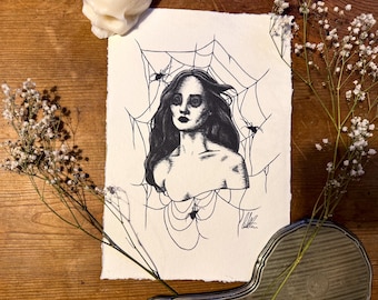 Button Eyed Doll Art Print: Gothic Spider Web Decor