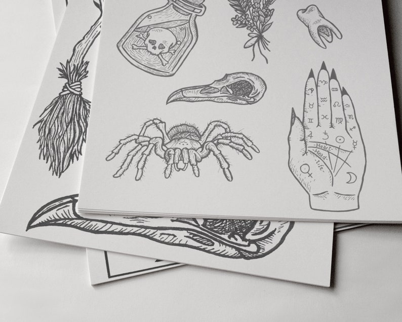 Occult witchy tattoo flash sheet art print wall decor tattoo | Etsy
