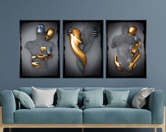 Gold and Gray Steel Love Art 3 PCS Set, Hugging Medieval British Knight Couple, 3D and Metal Effect, Glitter Embossed Couples Canvas Print