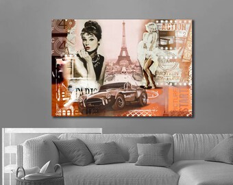 Vintage Glamour: Parisian Rendezvous,Vintage, Paris, Eiffel Tower, Hollywood, Classic Cars, Retro,Wall Art,Home Decor,Glamour,Sophistication