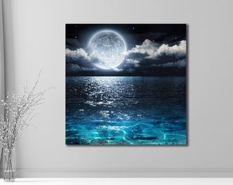 Sea Sparkle Print on Canvas,Full Moon Landscape Canvas Wall Art,Moon Wall Decor,Canvas Art Printing,Living Room Decor,Ready to Hang
