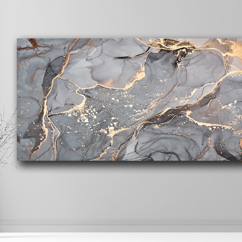 Gray Marble Wall Art Abstract Marbling Gold Abstract Wall Etsy