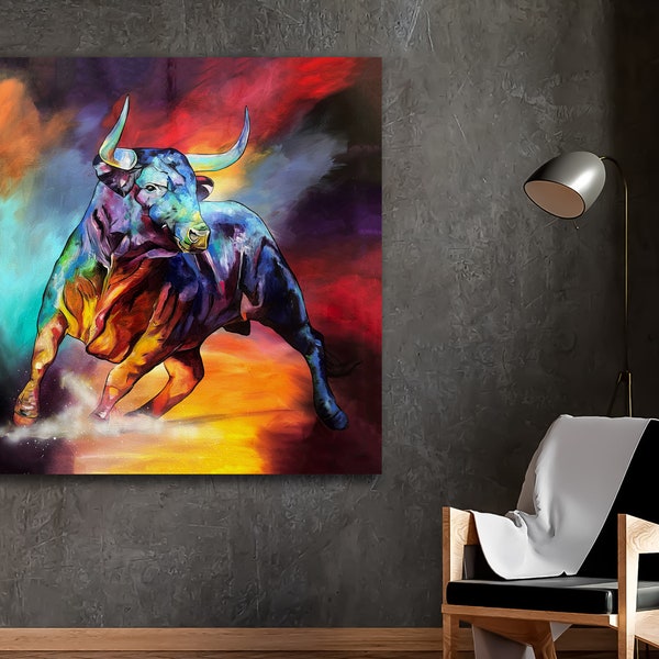 Angry Bull Canvas Art, Colorful Bull Wall Art, Animal Art Print, Bull Canvas, Home Decor, Living Room Decor, Ready to hang, Animal Poster